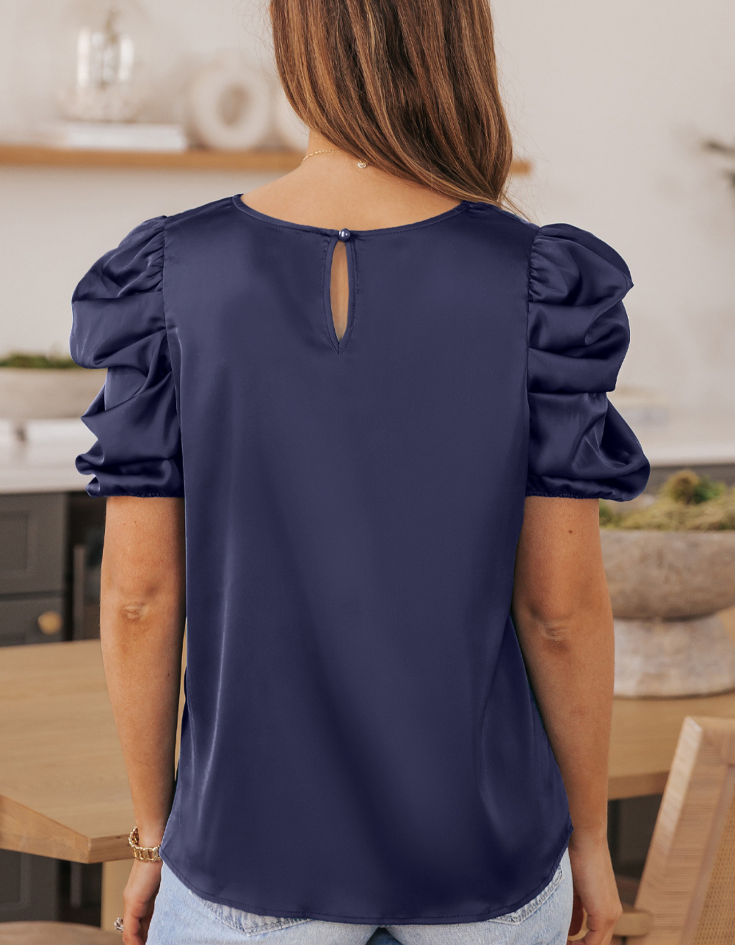 Navy Blue Ruched Satin Blouse