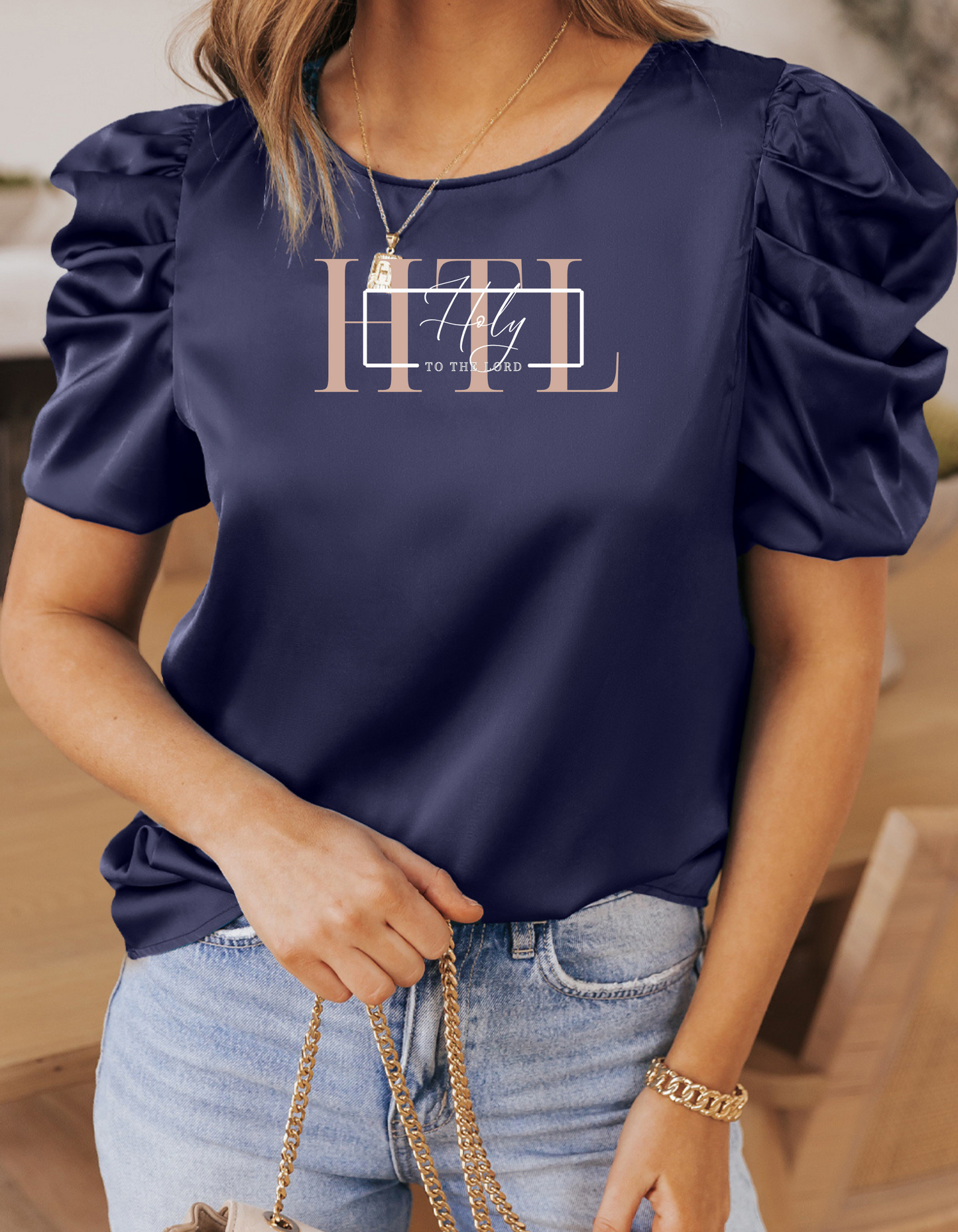 Navy Blue Ruched Satin Blouse