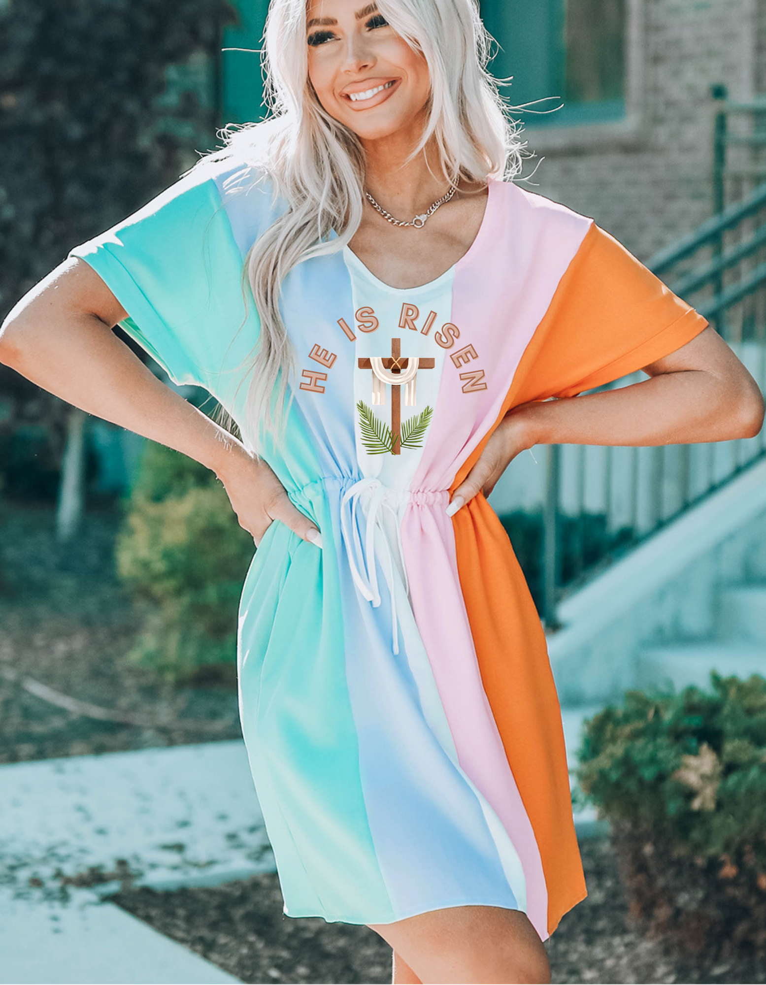Multicolor Easter Sunday Dress with Tie Waist Multicolor / Small
